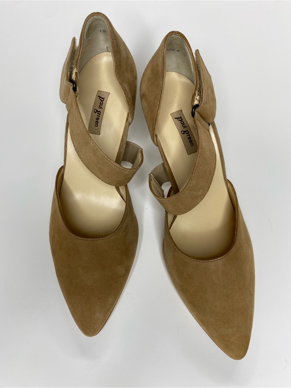 NWOT Paul Greene Suede pointy toe heel front Strap Size 5.5 Comfy Quiet luxury